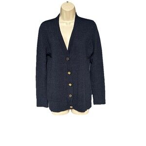 Tory Burch Size XL 100% Meriono Wool  Navy Blue V-Neck Cardigan Logo Buttons